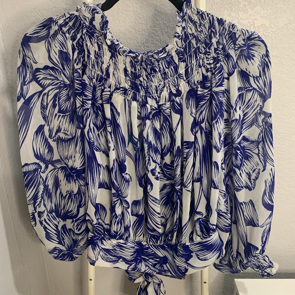 Karlie Blue and White Tropical Print Lightweight Sheer Long-Sleeve Top, Size Med